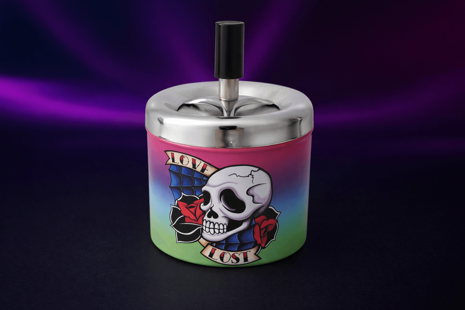 Cinzeiro Giratório "Push Down" em Alumínio - Estampa Skull Old School (9cm)